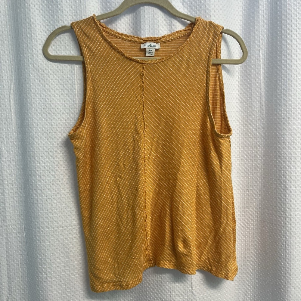 Sundance 100% Linen Yellow & White‎ Stripe Tank Top Summer Beach PM Raw Seam